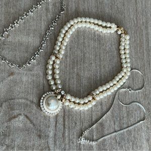 3 necklaces pearls stars rhinestone flower silver